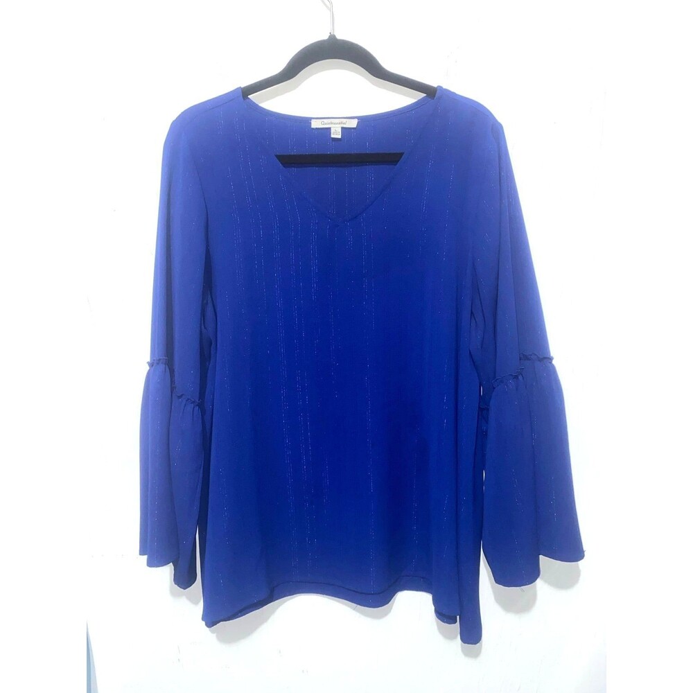 Quintessential Royal Blue Shimmer Vertical Stripe Tiered Bell Sleeve Blouse L